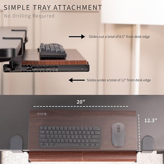 VIVO Small Keyboard Tray, Under Desk Pull Out with Extra Sturdy C Clamp Mount System, 20 (26 Including Clamps) x 11 inch Slide-Out Platform Drawer, Dark Walnut Top, Black Frame, MOUNT-KB05ES-D - Image 6