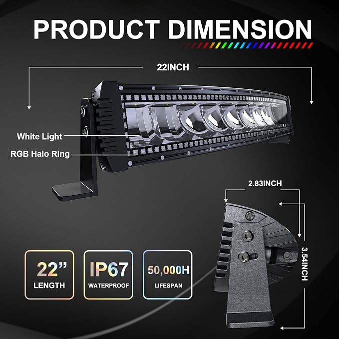 Lpteso RGBW Curved LED Light Bar 22Inch 120W Flood Spot Combo Beam 2PCS 4 Inch 18W Flood RGB LED Pods with 16 Solid Colors Chasing RGB Halo Ring Changing with Strobe Flashing with Rocker Switch Wiring - Image 2
