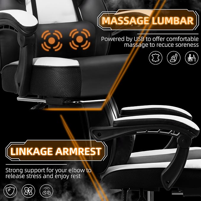 Shintenchi Gaming Chair,Video Game Chair with footrest and Massage Lumbar Support,Height Adjustable Game Chair with 360°Swivel Seat Ergonomic Computer Chair with Headrest for Office or Gaming(White) - Image 6