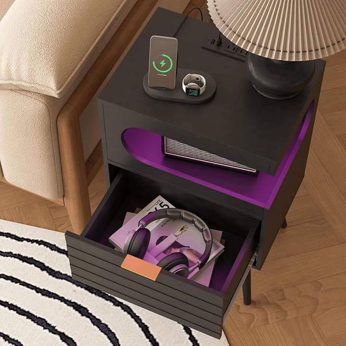 Veegle Nightstand,Modern Bedside Table with Storage Drawer and Open Wood Shelf, Accent Night Stand with Solid Wood Legs for Living Room, Bedroom and Small Spaces,Easy Assembly (Black-1) - Image 7