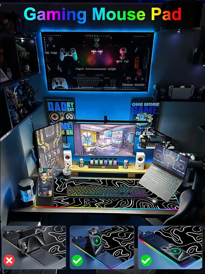 XXL Mouse Pad with Phone Holder - Black, RGB Desk Mat with 15W Fast Charging, LED Gaming Mousepad with 11 Light Colors, Waterproof Non-Slip Pad for Office & Home (Topographic) - Image 7
