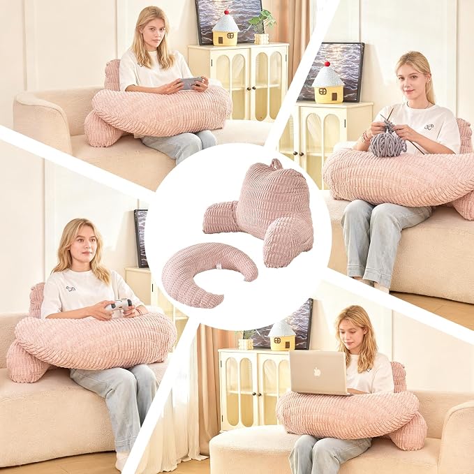 17" Reading Pillow for Bed,U Shaped Arm & Elbow Support,Pink Corduroy | Backrest Supports Back,U Shaped Lap Pillow Cushions Arms,Elbows & Wrists,Ribbed Corduroy for Reading,Gaming,Watching TV - Image 5
