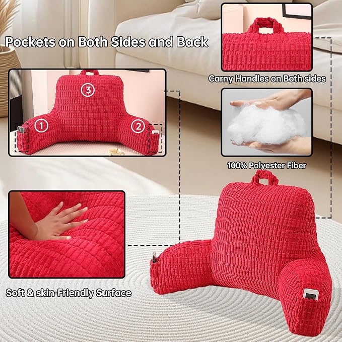 Reading Pillow for Sitting in Bed with Arm,Red Corduroy,M | Sitting Pillow for Teens Back Support,17" Backrest Pillow Supports Reading,Gaming & Relaxing in Bed,Couch,or Floor - Image 5