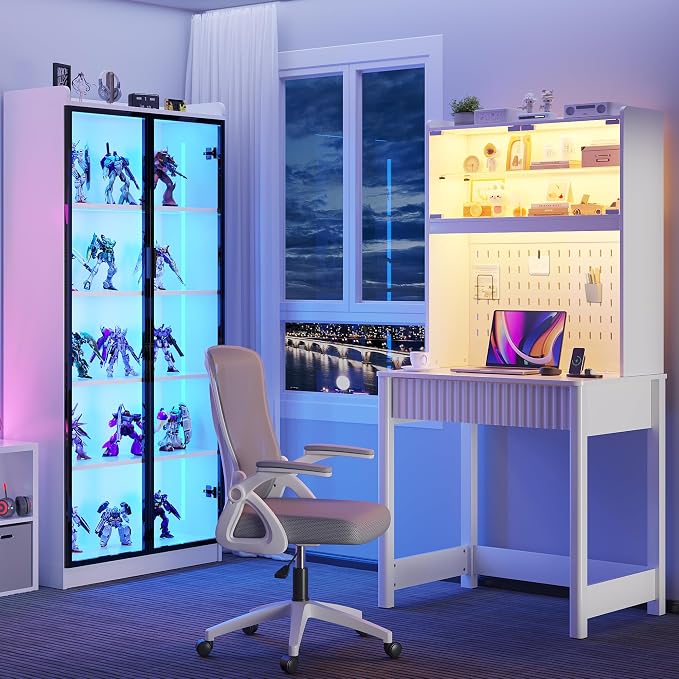 Lvifur LED Writing Desk with Hutch and Pegboard and Power Outlet (White) | Compact Study Desk with Display Shelf, 3 Color Lights, Adjustable Brightness, USB/Type-C&2 AC Outlets, Drawer wtih Metal Rail - Image 7