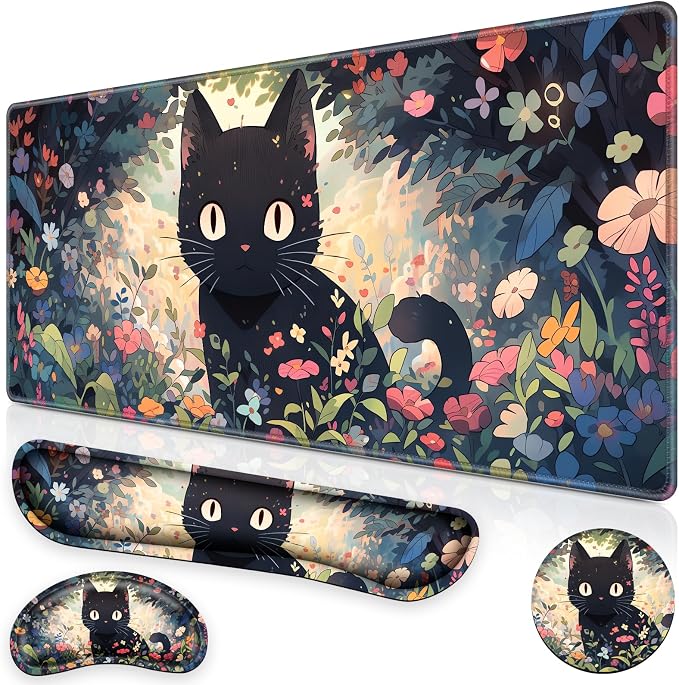 Canjoy Desk Mat with Wrist Rest, Desk Pad for Keyboard and Mouse 4-in-1 Kawaii Anime Mouse Pad + Keyboard Wrist Rest Support+ Coaster(35.4×15.7 in) Memory Foam Non-Slip Desk Mat for Home Office by Canjoy