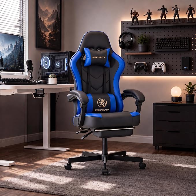 Desk Computer Gaming Chair - High Back Ergonomic Office Chair with Footrest and Lumbar Support, Swivel Comfy Home Gamer Video Game Chairs with Pocket Spring Cushion for Adults (Blue Leather) - Image 2