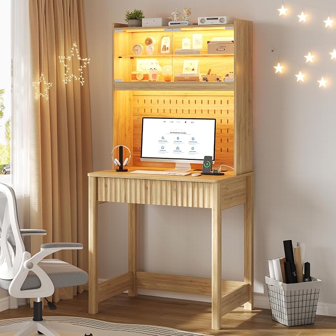 Lvifur LED Writing Desk with Hutch and Pegboard and Power Outlet (Natural) | Compact Study Desk with Display Shelf, 3 Color Lights, Adjustable Brightness, USB/Type-C&2 AC Outlets, Drawer wtih Metal Rail by LVifurSmartFurniture