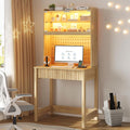 Lvifur LED Writing Desk with Hutch and Pegboard and Power Outlet (Natural) | Compact Study Desk with Display Shelf, 3 Color Lights, Adjustable Brightness, USB/Type-C&2 AC Outlets, Drawer wtih Metal Rail by LVifurSmartFurniture
