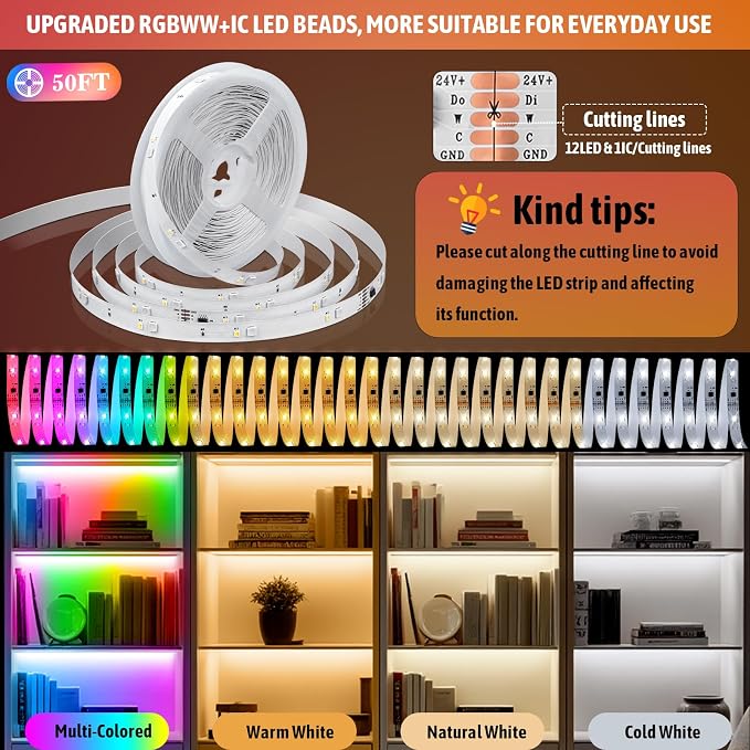 50Ft RGBWW+IC LED Strip Lights, Multi-Colored+3000K-6500K with Remote - Image 4