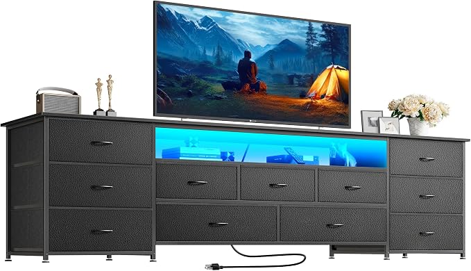 Huuger 78.7 Inch TV Stand for 75, 80 Inch TV, 11 Drawer Long Dresser with Power Outlets and LED Lights, Entertainment Center with Storage, Black Dresser with PU Leather Surface by Huuger