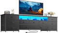 Huuger 78.7 Inch TV Stand for 75, 80 Inch TV, 11 Drawer Long Dresser with Power Outlets and LED Lights, Entertainment Center with Storage, Black Dresser with PU Leather Surface by Huuger