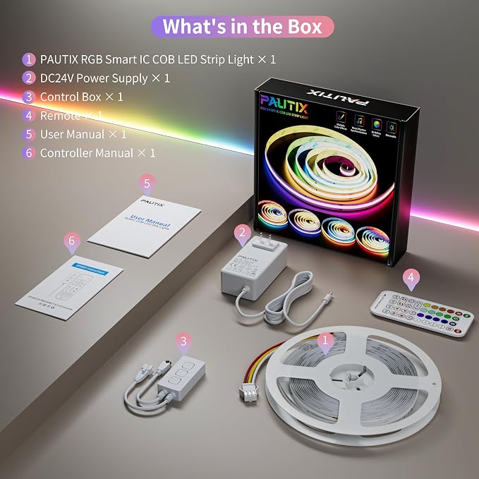 PAUTIX RGB Smart IC COB LED Strip Light Addressable 9.84ft/3m,UL-Listed DC24V Color Chasing Strip Light Multicolor Flexible Tape Lights Kit with Remote,for Cabinets,TV,Bedroom,Party DIY Decoration - Image 9