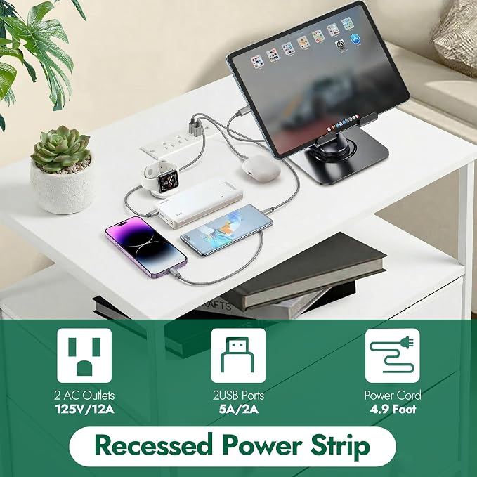 3-Drawer LED Nightstand with Charging Station, White - Image 6