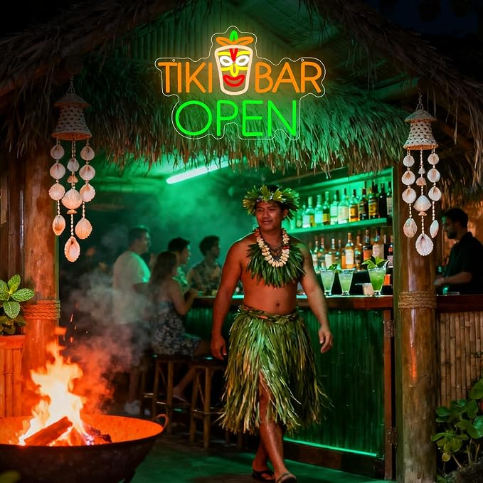 Tiki Bar Neon Sign, Tiki Bar Led Neon Light Signs for Wall Decor Open Hawaii Tropical Luau Aloha Party Outdoor Decorations for Pub Bistro Home Patios Man Cave Dimmable USB Powered Green(16.9"*11.4") - Image 2