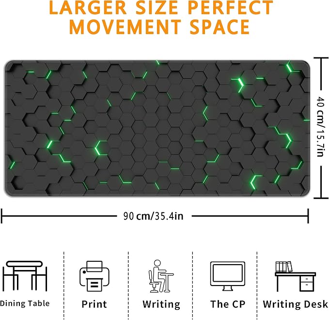 Green Hexagon Honeycomb Desk Mat, XXL 35.4"x15.7" Large Mouse Pad, Geometric Extended Gaming Mouse Mat,Non-Slip Rubber Base Waterproof with Stitched Edges for Gaming Office Home Decor - Image 3