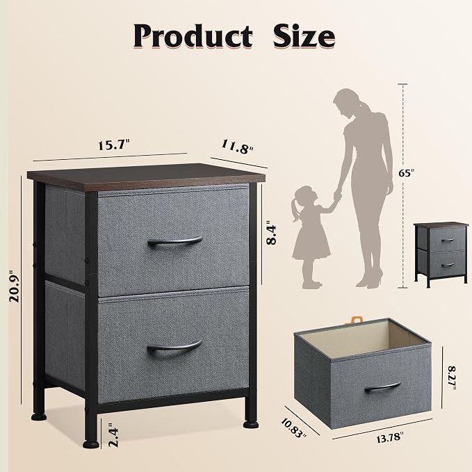 WLIVE Night Stand Set 2, Dresser and Nightstand Sets, Small Dresser for Bedroom with 2 Drawers, End Table with Fabric Bins for Closet, Bedside Furniture, College Dorm, Dark Grey - Image 3