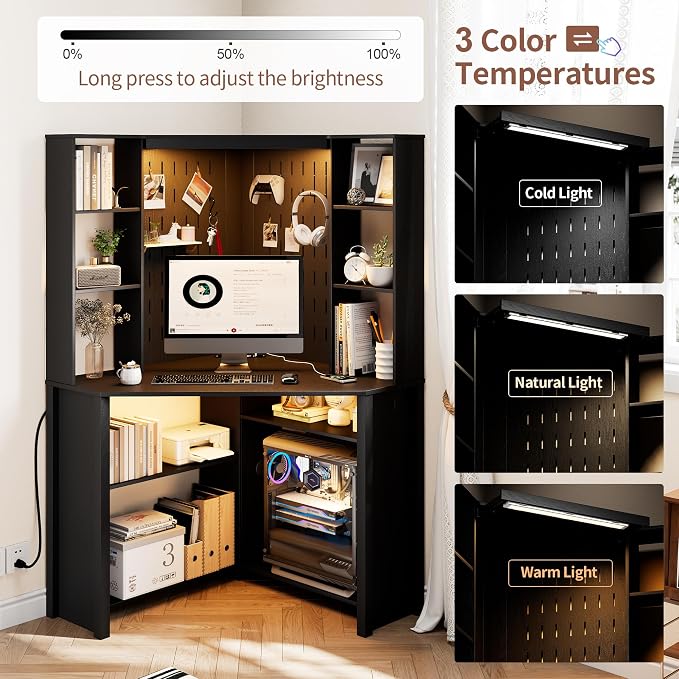 HNEBC Home Office Desk with Pull-Out LED,L-Shaped Corner Desk with Pull-Out LED Lights & Chariging Station,Computer Desk with Hutch & 10 Shelves,Pegboards for Work & Study,Black - Image 4