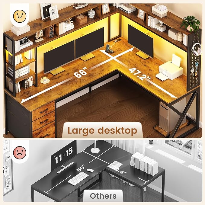 SEDETA L Shaped Computer Desk with Hutch, 3 Drawers, Shelves | Convertible 94.5" Home Office Desk with File Drawer, Power Outlet, LED Lights, Storage and Pegboard, Brown - Image 7