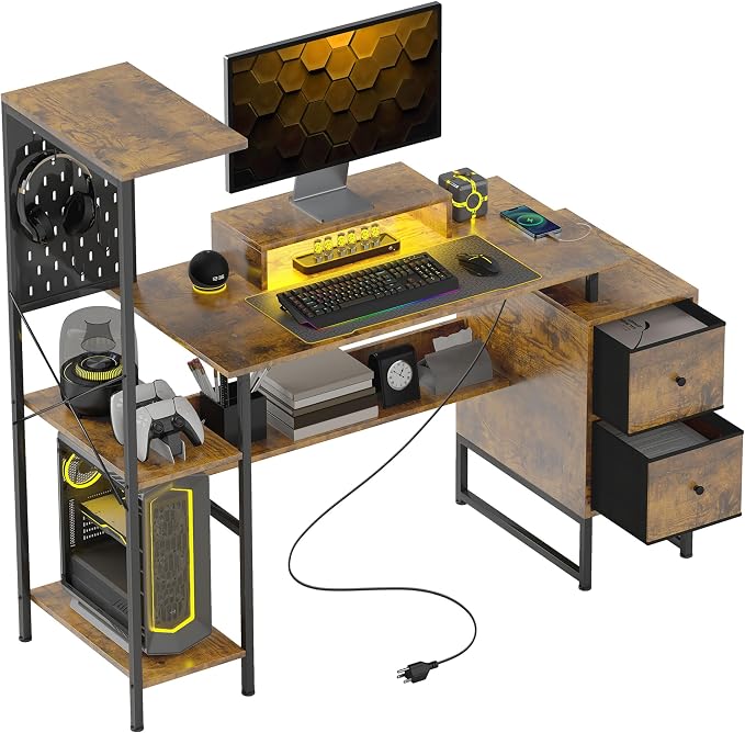 HOMCOM 56" Gaming Desk Monitor Stand Power Outlets LED Lights, Rustic Brown | Computer Desk, Storage Shelves, Fabric Drawers, 2 CPU Stands, Pegboard, Home Office by HOMCOM