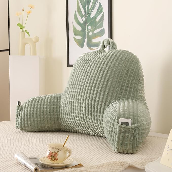 Reading Pillow with Arms for Sitting in Bed,Backrest,Green Flannel,M | 17" Backrest Supports Back for College Students,Elbows & Forearms for Dorm Reading,Gaming,Watching TV by PAJEO