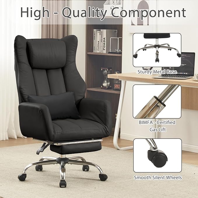JOMEED Cross Legged Office Chair with Footrest,Flip Armrest,Black | Big and Tall Executive,Ergonomic Design with Lumbar Pillow, 155° Reclining, PU Leather Wide Desk Chair for Home and Office - Image 7