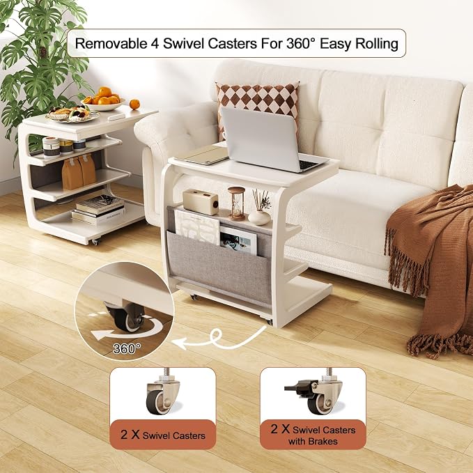 AQIMUELE Rolling Side Table, C Shaped End Table, C Table with 4 Wheels Solid Wood Small Rolling Desk with Adjustable Desktop,C Shaped End Table for Couch,Home Office(15.6" D x 23.6" W x 24.3" H) - Image 3