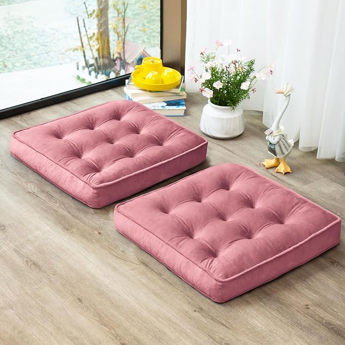 1 MIDDLE ONE Floor Pillow Set of 2, Memory Foam Meditation Cushion, Floor Cushions for Adults Sitting, Large Square Seat Cushions for Yoga, Living Room, 20x20 Inch (Pink) by 1MIDDLEONE
