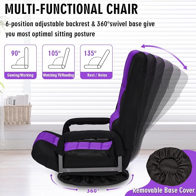 Swivel Floor Gaming Chair w/Armrests,Folding Video Reclining Sofa w/6 Adjustable Position, Padded Backrest & Cushion, Lazy Lounger Couch for E-Sports, Reading, Relaxing, Watching TV, Purple - Image 4