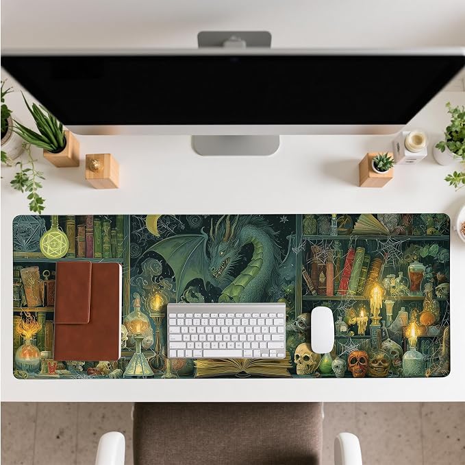Dark Dragon Mouse Pad Desk Mat XL Extended Large Gaming Desk Pad Mousepad, Mysterious Library Computer Laptop Keyboard and Mouse Mat, Desktop Protector Mat for Office and Home 31.5x11.8 in - Image 3