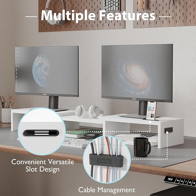 BONTEC Dual Monitor Stand Riser, Adjustable Length & Swivel Angle, White | Ergonomic Wooden Desktop Organizer with Smartphone Holder, Computer Monitor Stand for PC, Laptop,Printer and Large Storage - Image 6