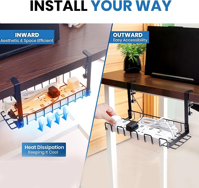 Under Desk Cable Management Tray, 16” No Drill Cord Organizer with Clamps for Wire Management, 4mm Sturdy Wire Desk Cable Organizer Tray, Cable Management Rack for Office - Image 4