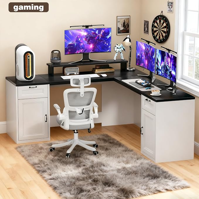 HUAHUU 78" Farmhouse L Shaped Executive Desk with Drawers, Modern Computer Desk with Power Outlets, Office Writing Desk with Monitor Stand & Storage Cabinet, Printer Shelf, Antique White - Image 9