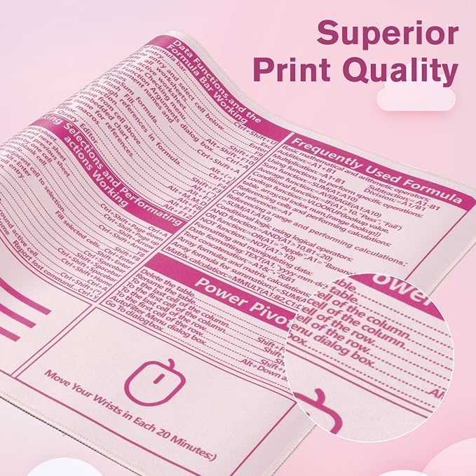 iCasso Excel Cheat Sheet Desk Pad, Pink Excel Shortcuts | Excel Mouse Pad Shortcuts, Excel Shortcuts Cheat Sheet Keyboard Mat, Extended Large XXL Non-Slip mousepad with Stitched Edges - Image 4