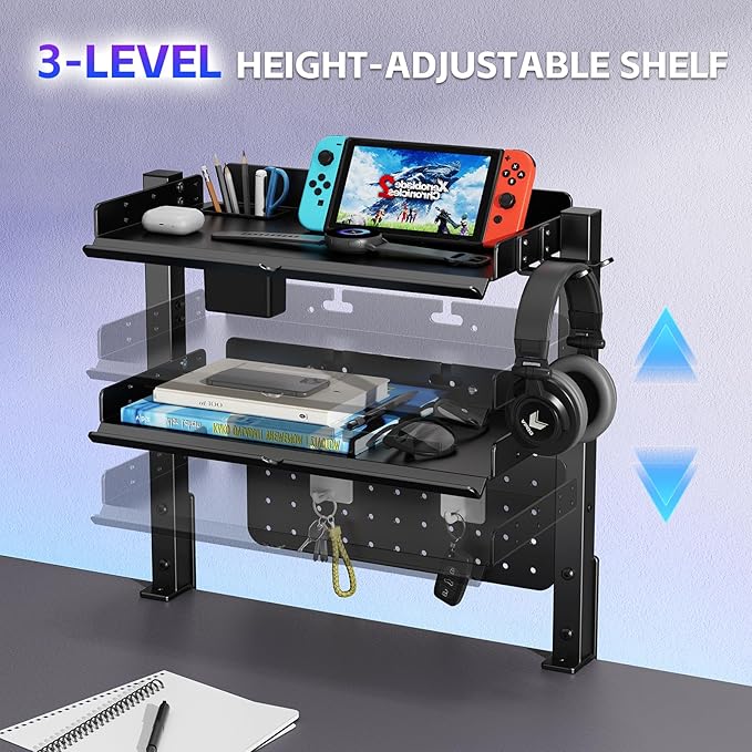 Metal Clamp On Desk Shelf,Storage Shelves with Pegboard and Pencil Holder | 2-Tier Adjustable 16 inch Above or Under Heavy Duty Desktop Organizer with Headphone Holder for Desk Accessories (Black) - Image 5