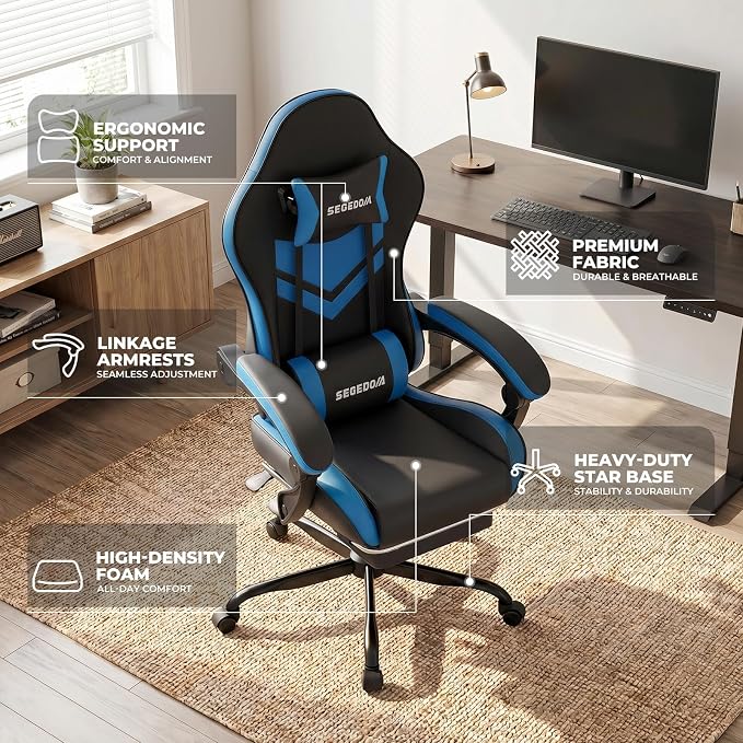 Gaming Chair with Footrest & Massage Lumbar Support, PU Leather Ergonomic High Back Swivel Height Adjustable Chair for Adults, Office Gaming, 300 lbs (Black Blue) - Image 6