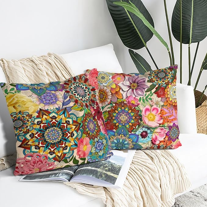 Boho Floral Throw Pillow Covers for Couch 18x18, Colorful Decorative Pillow Cases Aesthetic Set of 2,Outdoor Cushion Covers for Sofa Bed Chair Home Decor - Image 2