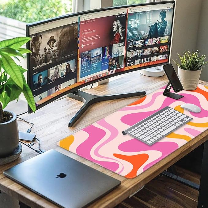iCasso Large Mouse Pad (35.4x15.7 in), Keyboard Mouse Mat Desk Pad for Work | Desk Mat Gaming Mousepad with Stitched Edges, Game, Office, Home-Pink Topographic - Image 5