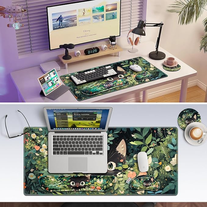 Canjoy Desk Mat with Wrist Rest, Anime Black Cats Keyboard and Mouse Pad - Image 7