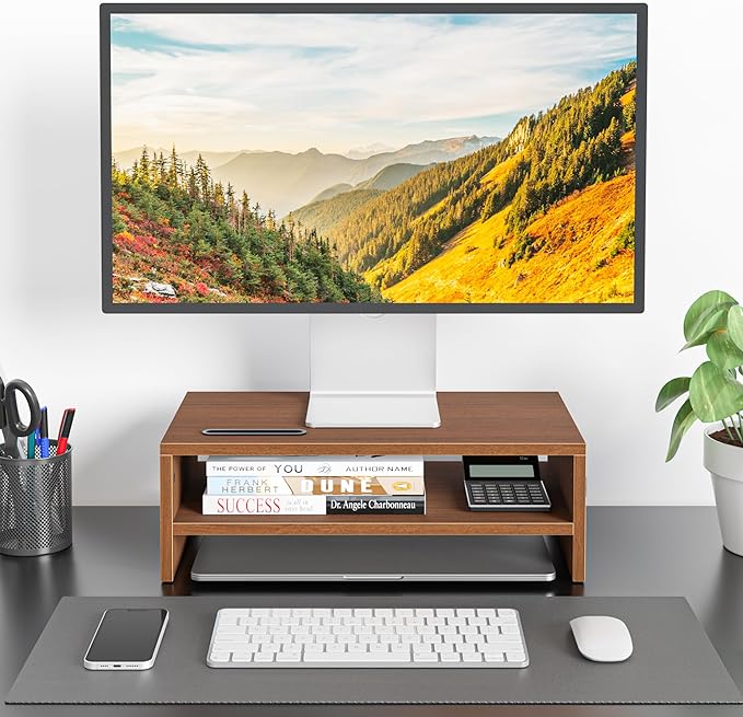 BONTEC Wooden Monitor Stand Riser for Desk, 2-Tier Computer Monitor Stand | 66 lbs Desk Shelf Organizer with Storage, Laptop & Printer Stand with Phone Holder and Cable Management, Walnut, 16.5 Inch - Image 2