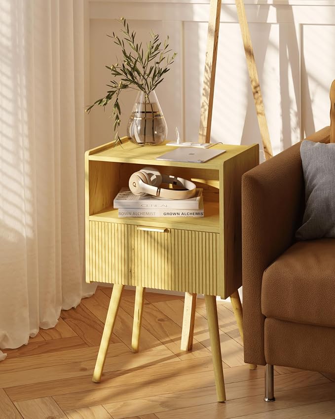 JOONEE Nightstand with Outlet,Modern Bedside Table with Storage Drawer and Open Wood Shelf, for Living Room, Bedroom and Small Spaces, Accent Night Stand with Solid Wood Legs, Easy Assembly,Yellow Oak - Image 7