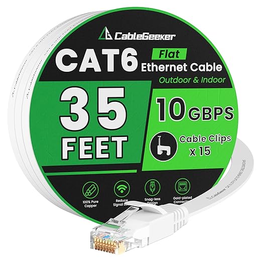 CableGeeker Cat 6 Flat Ethernet Cable 35ft, 10Gbps, White by CableGeeker