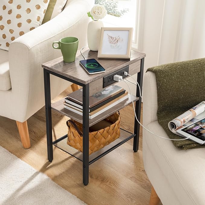 HOOBRO Side Tables Set of 2 with Charging Station and USB Port, Small End Tables for Small Space, 3-Tier Nightstands with Adjustable Shelf, for Living Room, Bedroom, Greige and Black BG112BZP201 - Image 9