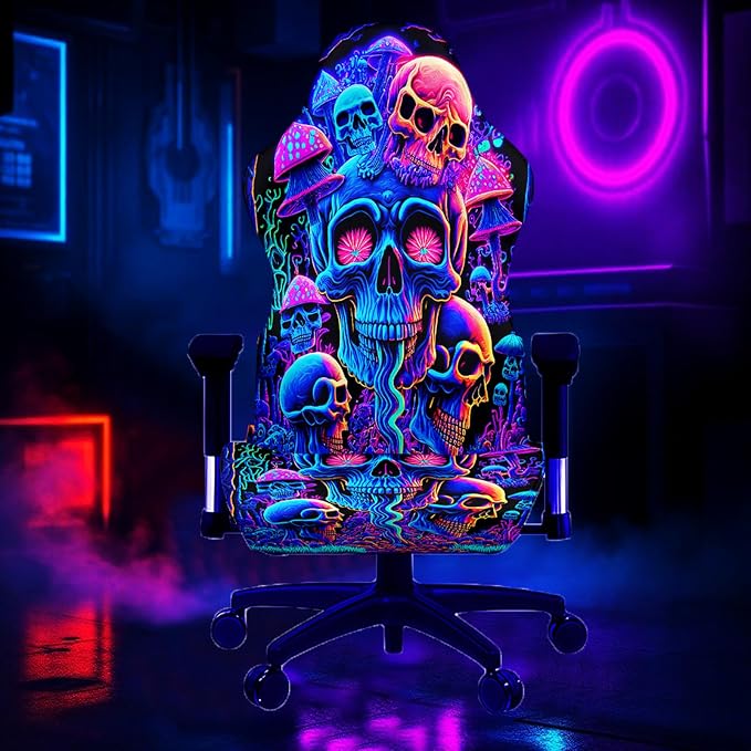 Blacklight Gaming Chair Cover – UV Reactive Esports Chair Protector with Neon Skull Mushroom Design, Stretchable Washable Slipcover for Office & Gaming Chairs - Image 3