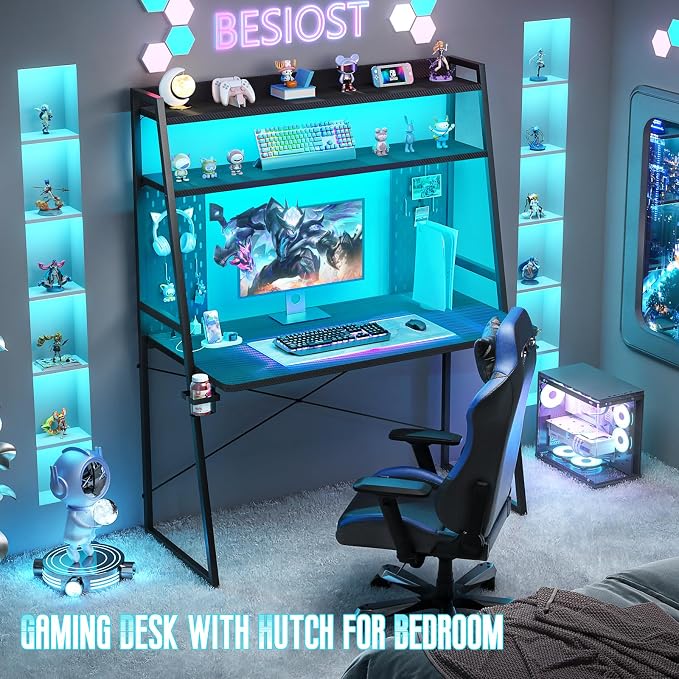Besiost Small Gaming Desk with Hutch and LED Lights, Gaming Computer Desk with Power Outlets, Gamer Desk with Storage Shelves, Game Desks with Pegboards for Bedroom Small Spaces, Black, 43" - Image 3
