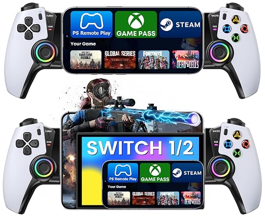 KICKDOT Mobile Gaming Controller for iPhone Android, Hall Effect Joysticks Bluetooth Telescopic Gamepad with RGB Lighting, Programmable Back Buttons for PS Remote Play Xbox Cloud Gaming Steam Deck iPad Mini by Unknown