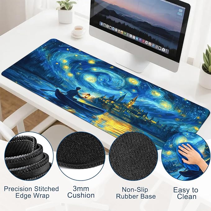 Gaming Desk Mat with Silky Smooth Surface & Exquisite Patterns,31.5x11.8 Inches Large-Sized Mouse Pad, Perfect for Extended Gaming,Work,and Home Office Decor (Van Gogh Oil Painting 1) - Image 5