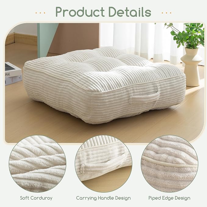 HIGOGOGO 6" Extra Thick Floor Pillow Cushion for Adults, Meditation Cushion Pillow, Large Square Floor Sitting, Tufted Corduroy Cover, for Tatami Living Room or Yoga, 22x22 Inch, Beige - Image 3