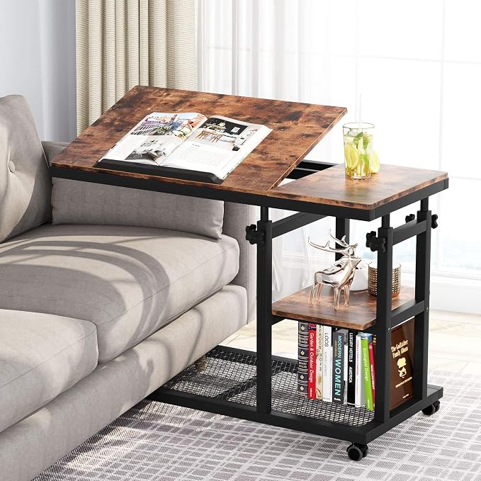 Tribesigns Height Adjustable C Table with Wheels, Mobile Couch Snack Side Table with Tiltable Drawing Board, Sofa Bedside Laptop Stand C Shaped TV Tray with Storage Shelves (Brown) by Unknown