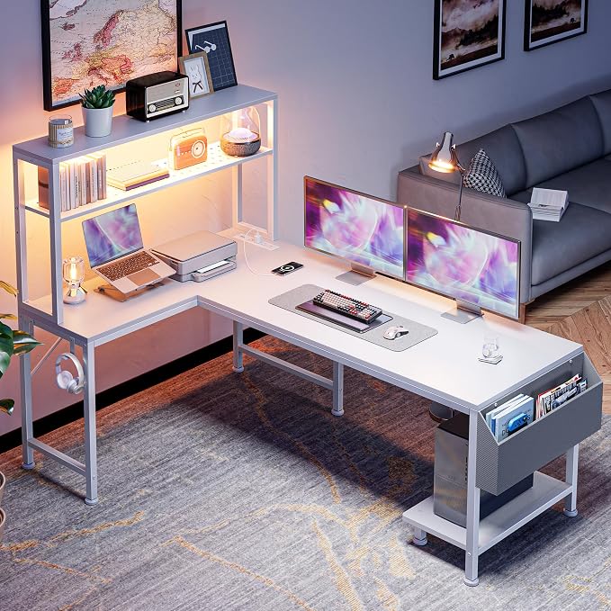 PRAISUN L Shaped Gaming Desk with LED Lights & Power Outlets | Reversible Computer Desk with Storage Shelves & Bag, Large Corner Home Office Desk with Pegboard for Work from Home, White - Image 7