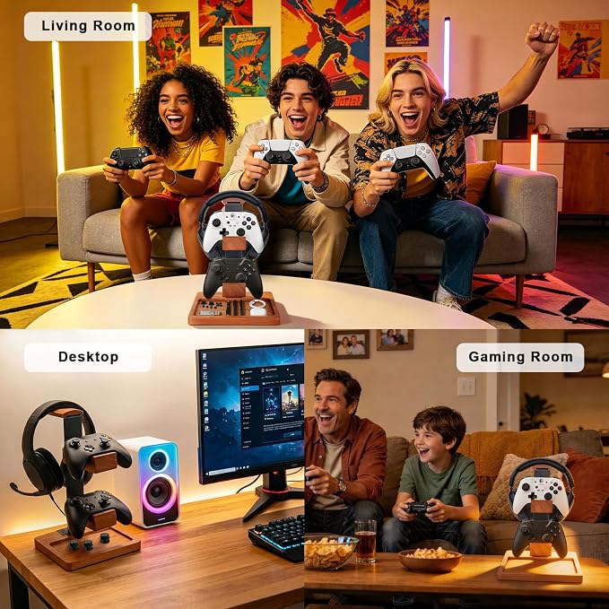 Headset Stand with Dual Controller Holder, Solid Wood | Headphone Stand with Storage Base, Gaming Equipment Accessories for Desk, Controller Holder for Gamers - Image 6